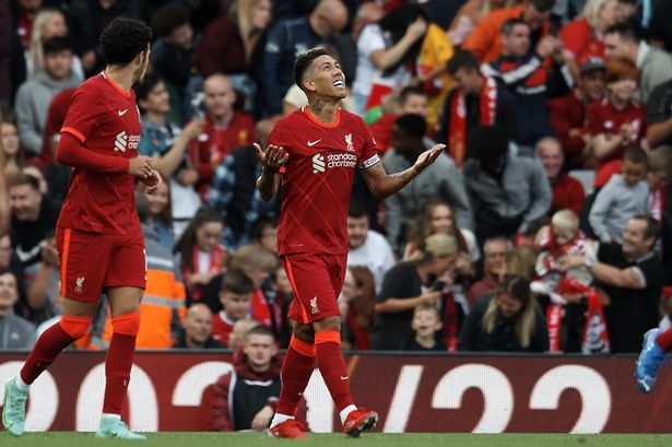 Roberto Firmino of Liverpool after scoring his side's first goal during the pre-season friendly match versus CA Osasuna at Anfield.